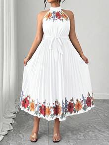 EMERY ROSE Plus Size Elegant Floral Print Halter Neck Pleated Dress, Summer - White - View 3