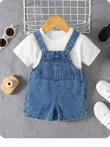SHEIN Little Byeori 男嬰可愛柔軟配色拼接寬鬆藍色牛仔吊帶短褲，適合夏季穿搭 - 中等水洗藍 - 查看 6