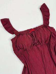 Sweetra Plus Size Women's Burgundy Lace Square Neck Puff Sleeve Cinched Waist A-Line Short Dress, French Sexy Style, Slimming Fit, Birthday Wedding - Burgundy - View 6