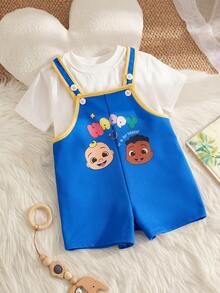 CoComelon X SHEIN Cartoon Print Baby Boy Bib Overalls Shorts - Blue - View 3