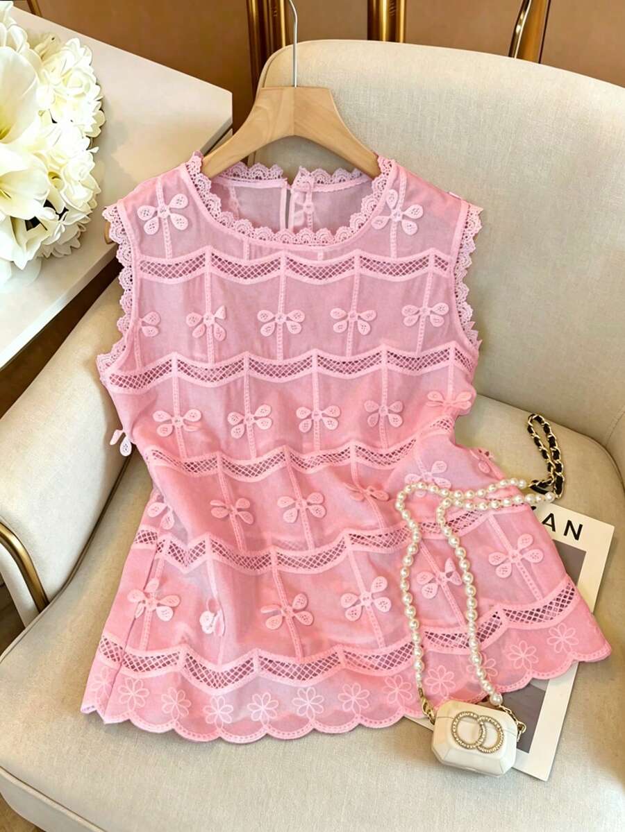 GlowEve Women's Vacation Embroidered Decor Hollow-Out Fashion Blouse - Pink - View 1