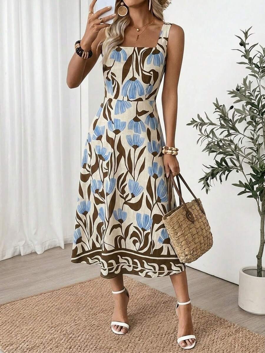 Easowa 女款休閒波西米亞風花卉印花無袖中長洋裝,度假夏季女裝,米色度假穿搭洋裝 - 彩色 - 查看 1
