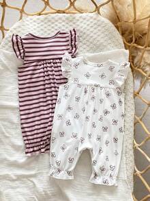 Newborn Simple Elegant Pink & Brown Striped And White Butterfly Print Sweet Cute Ruffle Trim Long Sleeve Casual Comfortable Romper Jumpsuit 2-Piece Set - Pink - View 2