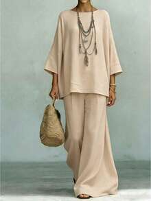 Breezaya Standard Size Women Summer Round Neck Batwing Sleeve Casual Loose Elegant Top, Loose Wide Leg Side Pocket Pants Casual Holiday 2 Pieces Set, Versatile Daily Wear - Khaki - View 4