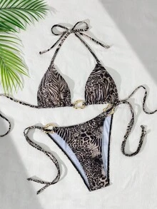 Bonvoyette Women's Sexy Halter Lace Metal Ring Two Pieces Swimwear, Elegant Romantic Beach Vacation Swimwear Set, Spring/Summer - Multicolor - View 8