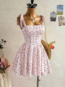 Soleia Váy mini công chúa dáng chữ A buộc dây mới đi du lịch, phong cách Bohemian, Boho, hoa lãng mạn, đi tiệc, hẹn hò, Valentine, Lễ Phục sinh, Carnival, trà chiều, đi biển, du thuyền, dạo phố ngày lễ - Màu Hồng baby - Xem 3