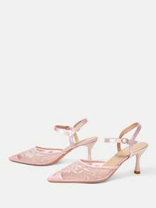 CUCCOO HITCHD Women's Embroidered Mesh Design Pointed Toe Asymmetric Heel High Heels, Romantic Elegant Stylish Mesh Pumps With Exposed Heel For Formal Occasions, Dates, Afternoon Tea, Weddings, Parties, Valentine's Day Spring Shoes - Light pink 5 - View 3