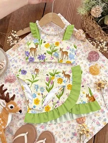 Serie Verde de Ciervos & Ardillas, Conjuntos de Flores Prensadas, Flores Silvestres Bohemias, Conjuntos Botánicos Vintage, Conjuntos de Naturaleza Floral Pastel, Conjunto de Traje de Baño de 3 Piezas con Volantes Impreso para Niñas Jóvenes de Jardín, Traje de Baño Infantil - Blanco - Ver 1