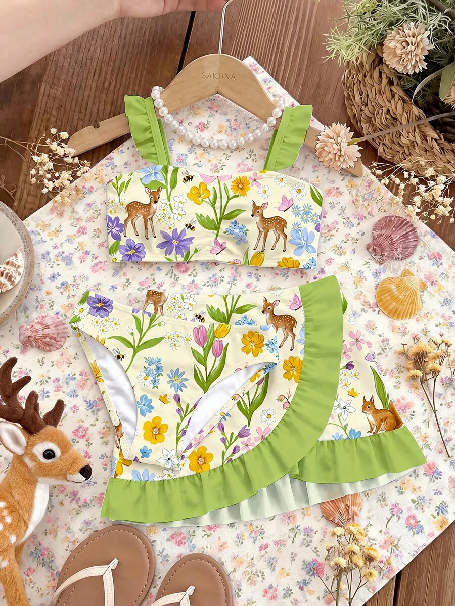 Serie Verde de Ciervos & Ardillas, Conjuntos de Flores Prensadas, Flores Silvestres Bohemias, Conjuntos Botánicos Vintage, Conjuntos de Naturaleza Floral Pastel, Conjunto de Traje de Baño de 3 Piezas con Volantes Impreso para Niñas Jóvenes de Jardín, Traje de Baño Infantil - Blanco - Ver 1