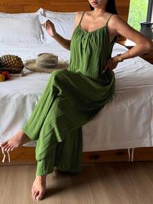 Livesso Women's Solid Color Pleated Summer Casual Camisole Jumpsuit Loungewear Pajamas - Green - View 4