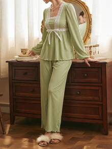 Côtesoire Southern France Elegant Mature Color Block Lace Women Pajama Set - Mint Green - View 3