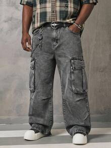 RHETRK Manfinity Streetrush Plus Size Men's Loose Fit Casual Denim Jeans With Pockets, Versatile For Summer Men Oversized Jeans Men Wide Leg Jeans Men Jeans Cowboy Men Pants Cargo Jeans Going Out Urban Hang Out Vacation Street - Grey - View 3