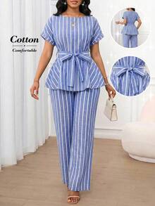 SHEIN Lady Bộ đồ nữ đa năng gồm áo sơ mi kẻ sọc buộc dây và quần dài thường ngày. - Màu xanh lam - Xem 1