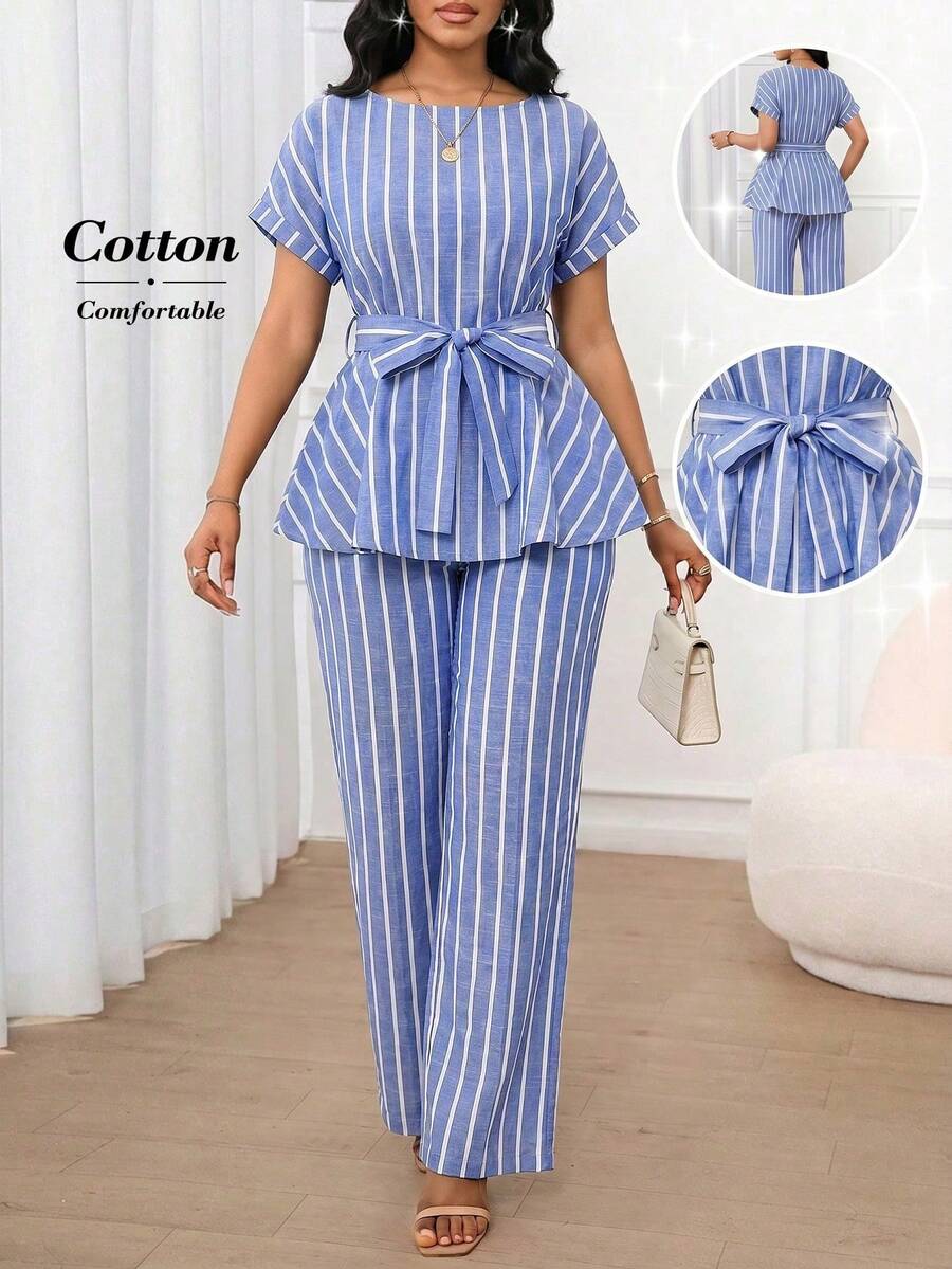 SHEIN Lady Bộ đồ nữ đa năng gồm áo sơ mi kẻ sọc buộc dây và quần dài thường ngày. - Màu xanh lam - Xem 1
