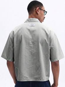 SUMWON Striped Cropped Short Sleeve Button-Up Shirt With Chest Pocket And Script Embroidery Summer Casual - Black - View 2