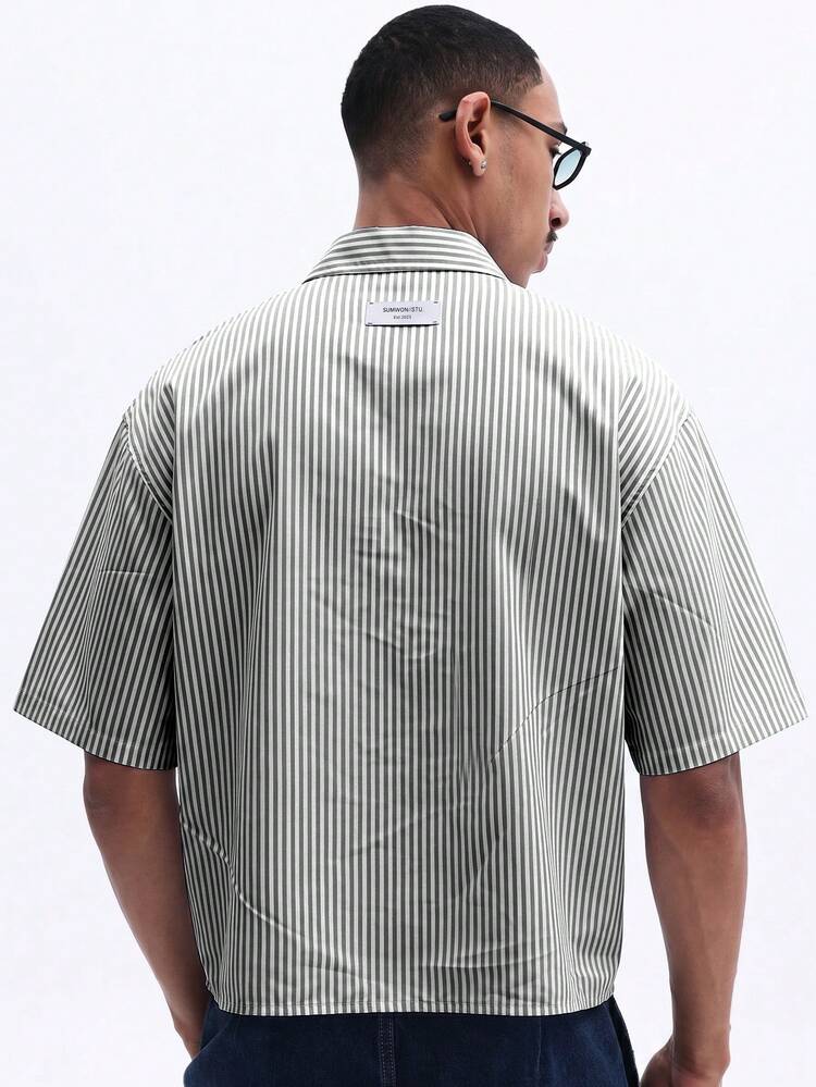 Striped Cropped Short Sleeve Button-Up Shirt With Chest Pocket And Script Embroidery Summer Casual
