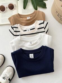 LMoss Kids 4pcs Baby Boy Knitted Solid Striped Crew Neck Casual Tops Set - Multicolor - View 5
