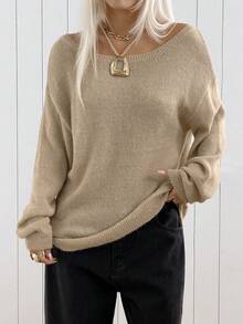 SHEIN EZwear 女款素色不對稱肩設計休閒百搭日常穿搭毛衣 - 卡其色 - 查看 6