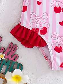 SHEIN 1pc Girls' Cute Knitted Digital Print Pink Bow One-Piece Swimsuit, Elegant & Refined, Suitable For Swimming, Vacation, Summer - Multicolor - View 3