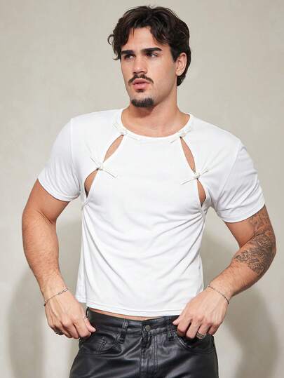 FeverCity Men's Fashion Personalized Frog Button Cutout Design Short Sleeve T-Shirt