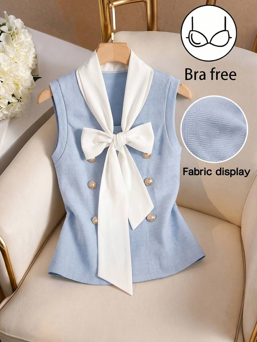 Qadelle Áo tank top dệt kim màu xanh dương hở vai thời trang dành cho nữ, có chi tiết nơ và viền áo thông thường, áo tank top nữ màu xanh nhạt. - Màu xanh lam - Xem 1