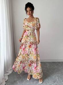 Modelyn 女士短袖中长连衣裙，女士短袖数码印花收腰连衣裙，单肩荷叶边下摆，优雅美丽，尽显迷人风采，时尚优雅，Y2K涤纶面料，适合外出、节日、派对等场合。女士夏季连衣裙，适合约会、派对、度假穿着。女士连衣裙，印花连衣裙，沙滩度假连衣裙 - 彩色 - 查看 5