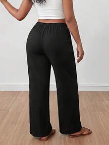 SHEIN PETITE CURVE CURVE 大尺碼女款小個子寬腿褲，黑色 Sommar 簡約休閒傳統日常高腰繫帶附口袋，適合秋季度假 - 黑色 - 查看 9