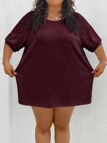 SHEIN CURVE+ 大码女式拼接不同材质上衣，白色T恤 - 紫紅色 - 查看 5