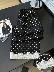 GlowEve CURVE 2026 Pantalones rectos de talla grande con parches de encaje y lunares, nueva colección primavera - Negro - Ver 1