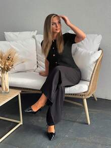 Jeta Ari Áo khoác cardigan tay ngắn ôm vừa vặn màu trơn đơn giản dành cho nữ - màu đen - Xem 5
