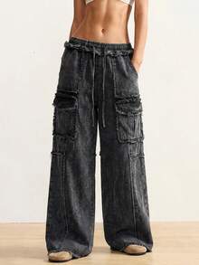 Bohemela Plus Size Women's Fashion Versatile Drawstring Waist Pocket Casual Cargo Denim Pants - Black - View 4