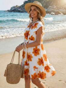 SHEIN Holidaya 女款新款優雅性感洋裝，適合辦公室、休閒、海灘、通勤、浪漫派對、生日、音樂會、情人節、嘉年華等場合；女款夏季新款V領荷葉邊無袖對比色印花短洋裝，荷葉邊下擺洋裝、荷葉邊洋裝、吊帶洋裝、寬鬆洋裝、女款度假洋裝、V領印花洋裝、花卉印花洋裝、對比色印花洋裝、可愛洋裝 - 橘色 - 查看 7