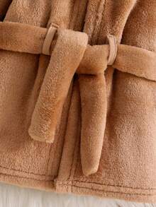 Newborn Baby Boy Warm Soft Plush Long Sleeve Hooded Robe With Belt, Fashionable Basic Western Sleepwear Camel Autumn - Khaki - View 4