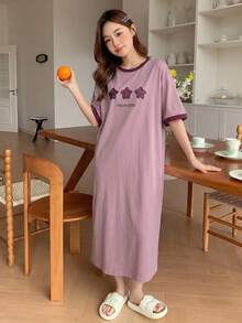 DAZY Sternenmuster Kontrast-Farbiger Saum Locker Sitzendes T-Shirt Kleid, Langes Casual Kleid für Damen, Sommer - Violett - Übersicht 5