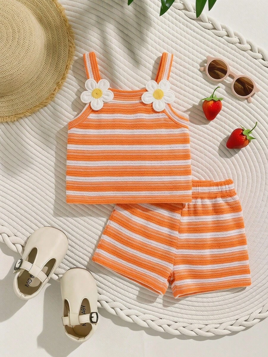 SHEIN Vintaside Kids 两件套女婴无袖条纹针织提花橙白条纹上衣+松紧腰短裤休闲可爱套装，适合夏季外出或度假