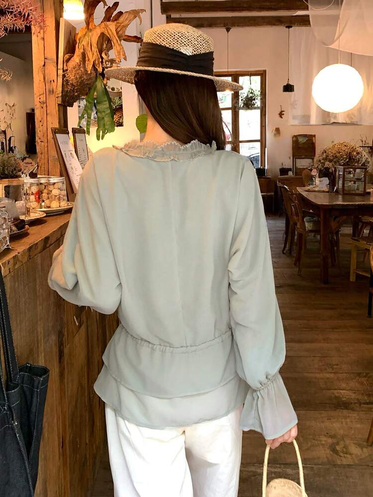 Solid Color Loose Pleated Tie Frill Trim Casual Vacation Summer Blouse For Women