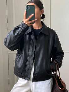 DAZY 秋冬新款女款寬鬆休閒加厚PU夾克外套，校園風 - 黑色 - 查看 4
