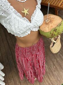 Sunnyshic Summer New Bohemian Casual Red And White Cashew Flower Patchwork Waist Cinched Flared Skirt Slimming Romantic For Vacation Beach - Hot Pink - View 4