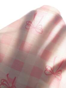 SHEIN Tween Girl 粉色格紋蝴蝶結印花裝飾白色鈕扣休閒時尚修身睡衣套裝 - 粉色 - 查看 8