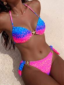 Swim Lushoire 女款夏季海灘度假漸層豹紋金屬飾綁帶露背性感比基尼套裝 - 彩色 - 查看 5