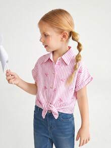 SHEIN Camisa casual con hombros caídos, estilo minimalista, de tejido suelto y con rayas, con lazo delantero para niña joven - Rosa - Ver 4