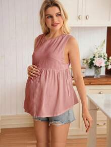 SHEIN 休閒寬鬆素色無袖側開衩孕婦上衣 - 珊瑚粉 - 查看 3