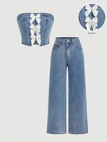 Plus Size Bow Decor Tube Top & Long Pants Denim Two Pieces Set - Blue - View 1