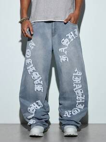 Modcrash Men Loose Wide Leg Jeans, American Street Style Towel Embroidery Casual Denim Pants For All Season Fall/Autumn/Winter - Blue - View 5