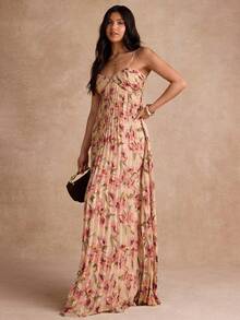 Enchnt Summer Romantic Sexy Women's Pastal Floral Print Pleated Camisole Dress Fashionable For Vacation Sea Beach Golf Dress Holiday Outfits Chic - Multicolor - View 5