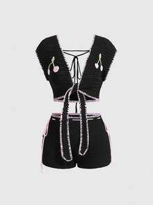 Sweetness Cherry Embroidered Soft Cropped Top And Mini Shorts 2 Pieces Set, Suitable For Beach Vacation, Plus Size Pink Black And White Summer - Black - View 9