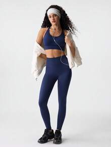 1pc Women's Casual Outdoor Yoga Fitness Running Shaping Tights, Christmas Outfit Women High Waist Shapewear, Slimming Waist Belt Leggings, Women Skinny Pants, Shaping & Slimming - Navy Blue - View 9