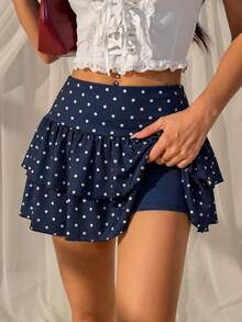 SHEIN EZwear 女款夏季復古優雅度假風圓點印花雙層荷葉邊裙襬裙 - 藏蓝色 - 查看 9
