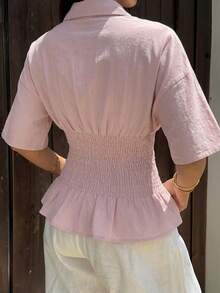 SHEIN EZwear Lotus Root Pink Woven Women's Button Down Short Sleeve Shirt,Summer Top - Dusty Pink - View 2