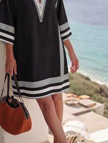 SHEIN LUNE Vestido elegante de vacaciones con rayas y contraste de color, adecuado para la playa - Multicolor - Ver 4